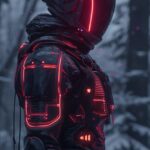 Standing Cyberpunk Knight with neon accents, winter, in the style of laura makab...