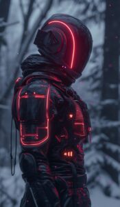 Standing Cyberpunk Knight with neon accents, winter, in the style of laura makab...