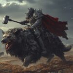 A captivating full-length dark fantasy image of a warrior with a hammer, heavily...