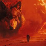 man in an endless desert, with red and black tones, scorching sun, visible heat ...