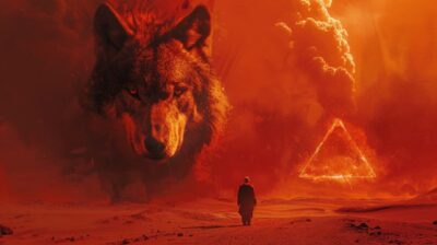 man in an endless desert, with red and black tones, scorching sun, visible heat ...