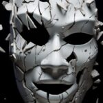 Porcelain and leather sculpture of a shattered mask, minimalistic, black backgro...