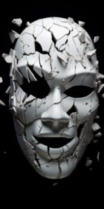 Porcelain and leather sculpture of a shattered mask, minimalistic, black backgro...