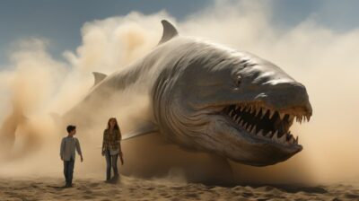 Do a dream, surrealism, the main body is a huge whale on the beach transparent g...