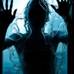 A woman's silhouette is shown through pitted glass with hands out with fist up, ...