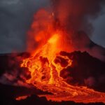 Huge volcano in iceland spewing lava, magma flows, cold atmosphere, candid, raw,...
