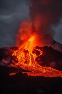 Huge volcano in iceland spewing lava, magma flows, cold atmosphere, candid, raw,...