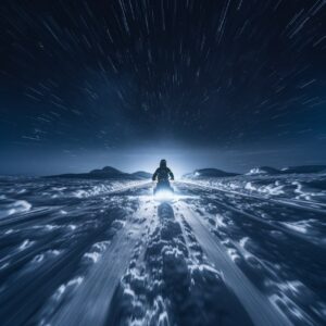 A snowmobile raced across the snowy landscape, leaving behind a trail of fresh p...