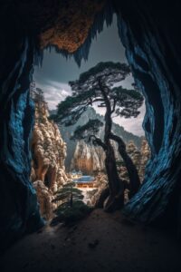 Landscapes with MidjourneyOne prompt - China, ancient citadel inside of cave bet...