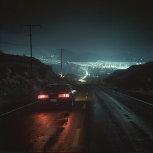 Ektachrome photography of a vista. A futuristic cyberpunk car, seen from behind,...