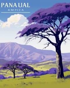UpCountry, Maui, Hawaii. Jacaranda trees. Poster design, flat, bold, vector, min...
