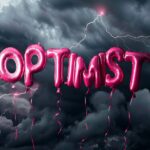 close up photograph of pink inflated text made of balloons say "OPTIMIST" fly up...