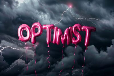 close up photograph of pink inflated text made of balloons say "OPTIMIST" fly up...