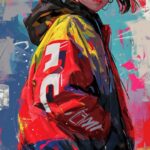 A Japanese girl in a bold brushstroke art style, her outfit prominently featurin...