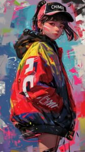 A Japanese girl in a bold brushstroke art style, her outfit prominently featurin...