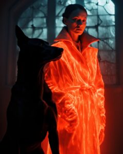 Double exposure shot of a woman in an orange coat standing next to a black dog, ...