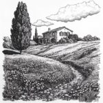 black and white, letterpress-style, line art landscape of a italian-inspired vil...