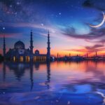 closeup Mosque and crescent moon on dark blue sky, reflection on water. Ramadan ...