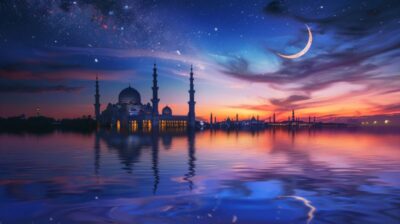 closeup Mosque and crescent moon on dark blue sky, reflection on water. Ramadan ...
