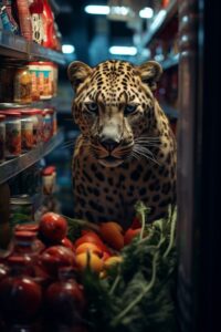 A leopard hiding inside of a grocery --c 0 --ar 2:3by wolfwing3-4 images --c 100...