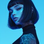 a model with neon glow in tye dark tattoos posing for couture, the clothing and ...