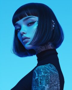 a model with neon glow in tye dark tattoos posing for couture, the clothing and ...