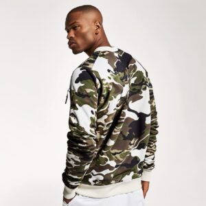 Wear design by Midjourney 4, q2stylish camouflage sweatshirt on model, professio...