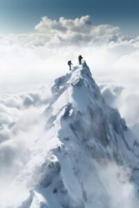 2 people on top of mountain, walking through clouds, in the style of realistic a...