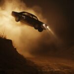 cinematic, a car drives off a cliff, car floating in the sky, dust behind the ca...