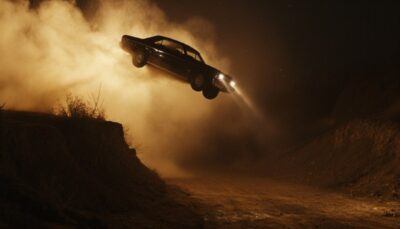 cinematic, a car drives off a cliff, car floating in the sky, dust behind the ca...