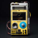 Prototype of 80s walkman black background, raw and lcd display, white, sky blue,...