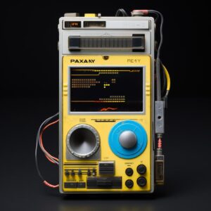 Prototype of 80s walkman black background, raw and lcd display, white, sky blue,...