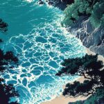 an illustration of a japanese landscape by shigeo fukuda, beach, foam --ar 2:3 -...