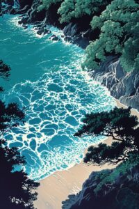 an illustration of a japanese landscape by shigeo fukuda, beach, foam --ar 2:3 -...