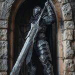 stoic techno hero with a massive oversized sword, metal skull mask, massive swor...