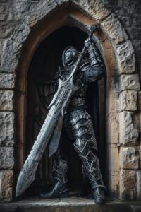 stoic techno hero with a massive oversized sword, metal skull mask, massive swor...