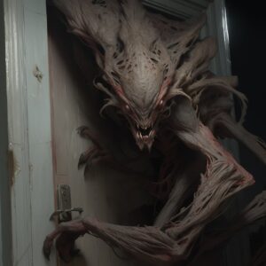 Create an ultra - realistic and bone - chilling dim lit image of a hideous creat...