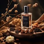 perfume photography sunny day earhy tones with oud and nut ingredients, black bo...