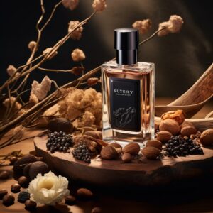perfume photography sunny day earhy tones with oud and nut ingredients, black bo...