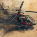 Photograph of a high end helicopter with expressive graffity painted on it, cine...