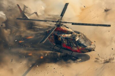 Photograph of a high end helicopter with expressive graffity painted on it, cine...