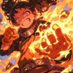 an anime fire battle in the style of naruto and fire force showing a young girl ...