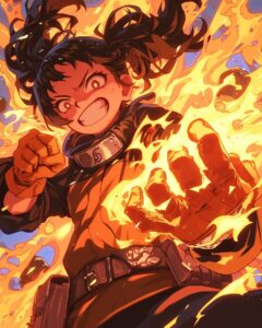an anime fire battle in the style of naruto and fire force showing a young girl ...