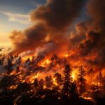 Photo that depicts a raging wildfire consuming a forested landscape. Highlight t...