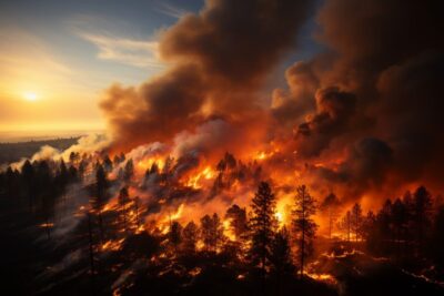 Photo that depicts a raging wildfire consuming a forested landscape. Highlight t...