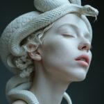 professional studio portratit, a white porcelain model on a white beackground, a...