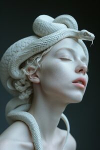 professional studio portratit, a white porcelain model on a white beackground, a...