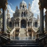 Painting of michelangelo, castle facade, renaissance architecture church, column...