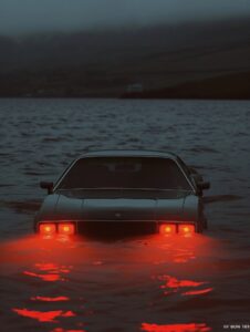 Epic surreal scene, art shows a car partly submerged in water with its interior ...
