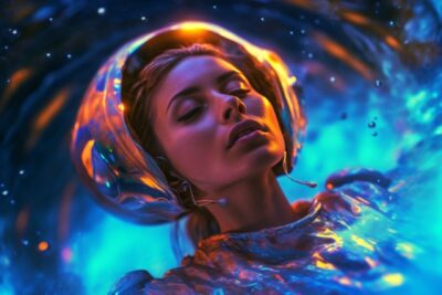 Narrative photography in surreal style, full length wide shot, beautiful retro f...